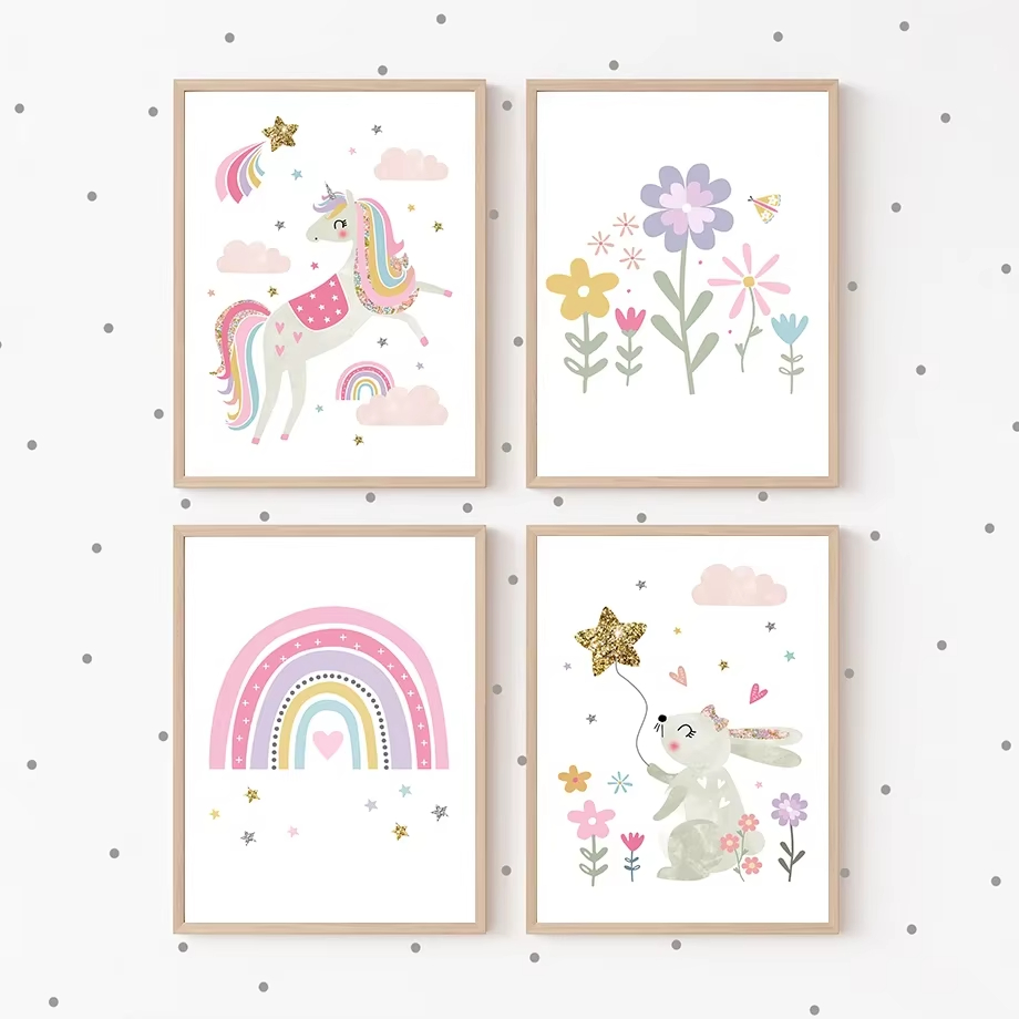 Baby Nursery Mirror - Rosa unicórnio coelho arco-íris nuvem flor