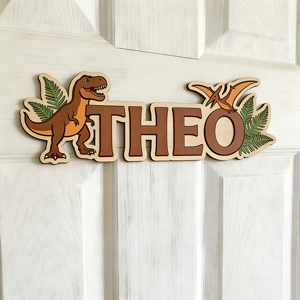 Baby Nursery - Placa de Nome Personalizada de Dinossauro