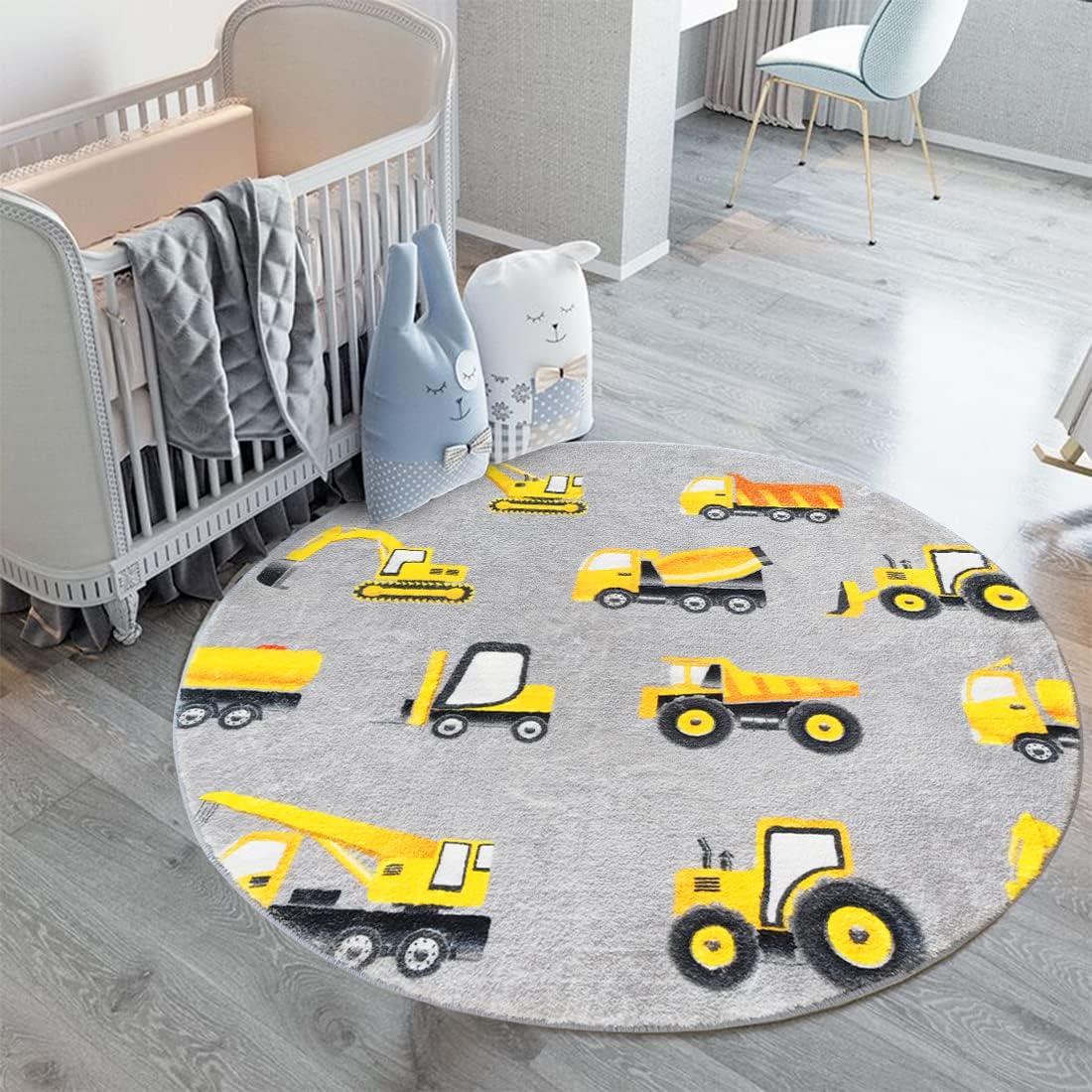 Baby Nursery Yellow - Tapete Redondo Cinza de Veículos de